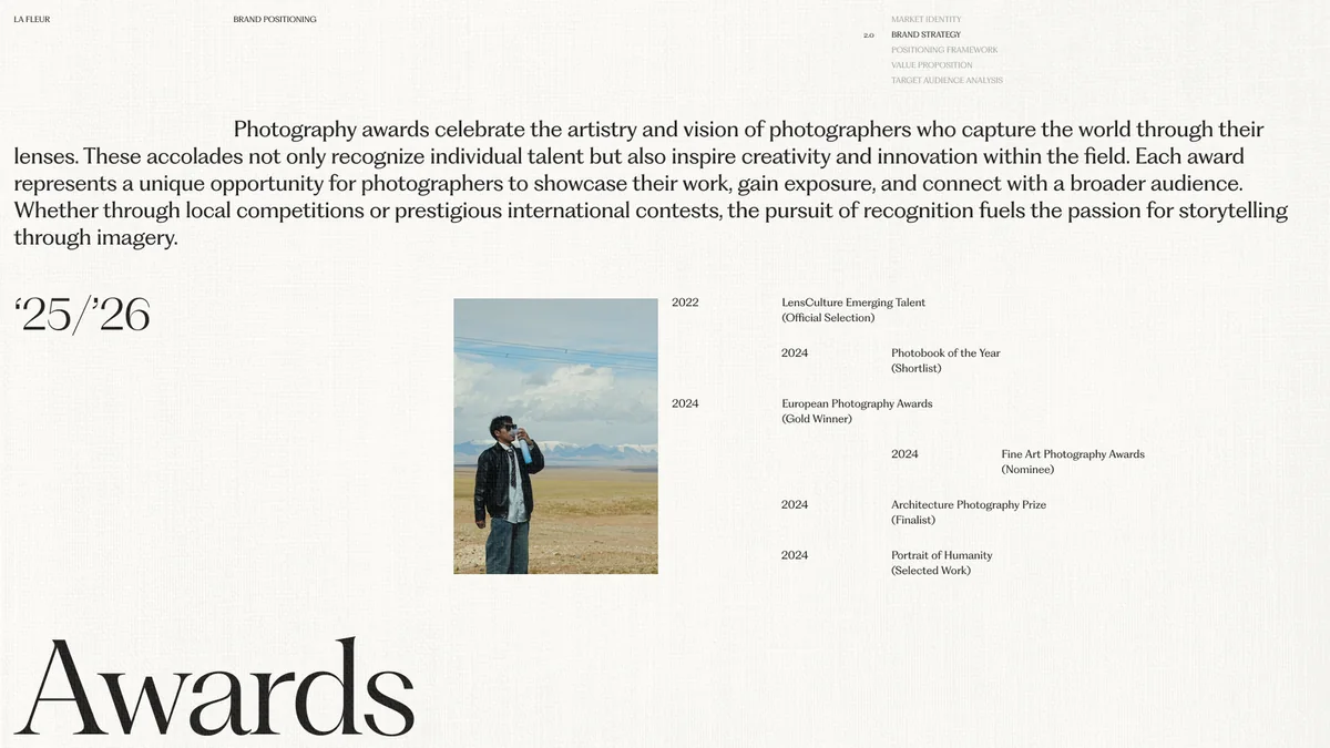 Photography portfolio with an editorial awards layout